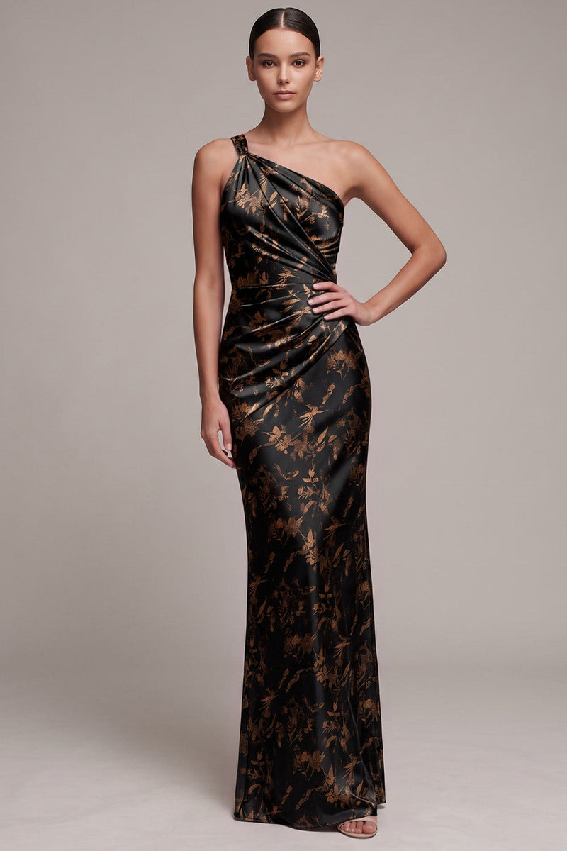 Laden Sie das Bild in den Galerie-Viewer, Schwarzes Scheiden Ein-Schulter Muster Satin Maxi Abendkleid