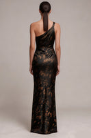 Laden Sie das Bild in den Galerie-Viewer, Schwarzes Scheiden Ein-Schulter Muster Satin Maxi Abendkleid