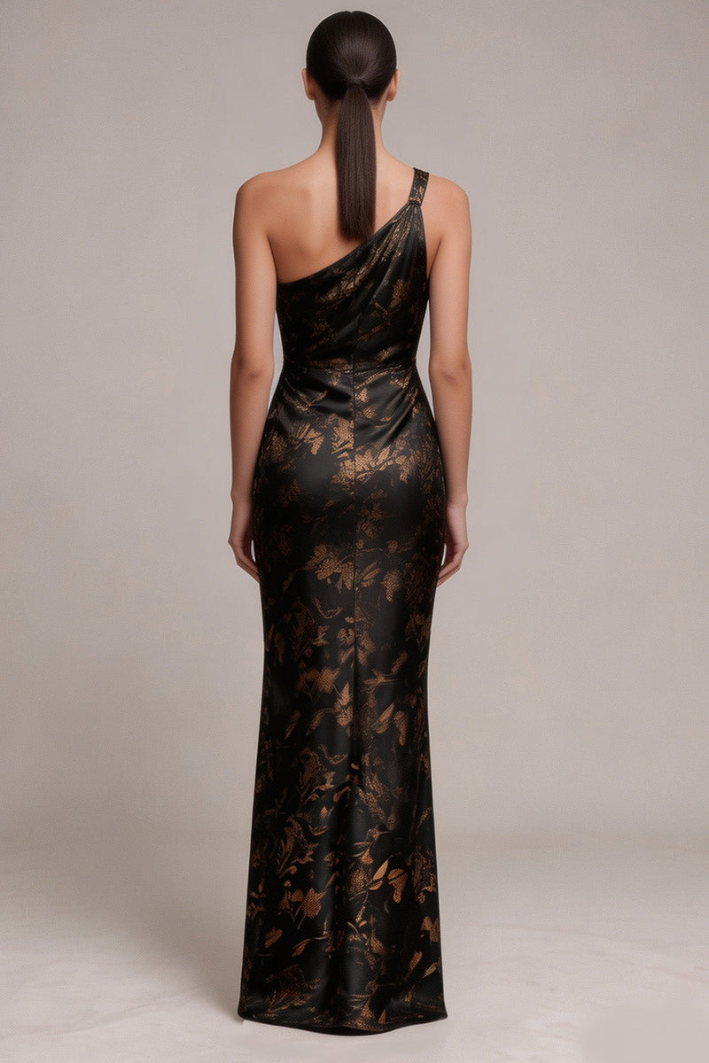 Laden Sie das Bild in den Galerie-Viewer, Schwarzes Scheiden Ein-Schulter Muster Satin Maxi Abendkleid