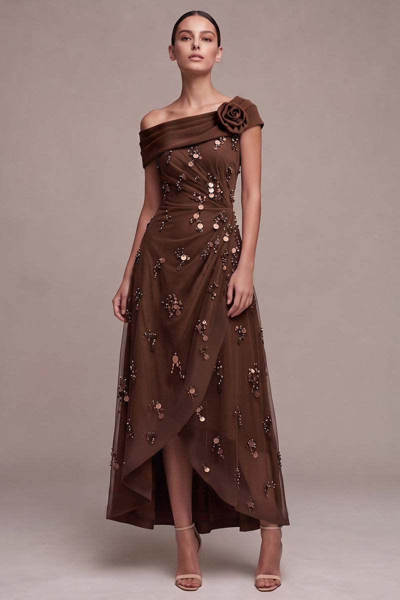 Laden Sie das Bild in den Galerie-Viewer, Kaffee A-Linien Asymmetrisches Einschulter Gerafftes High-Low Festkleid mit 3D-Blume