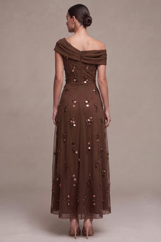 Kaffee A-Linien Asymmetrisches Einschulter Gerafftes High-Low Festkleid mit 3D-Blume