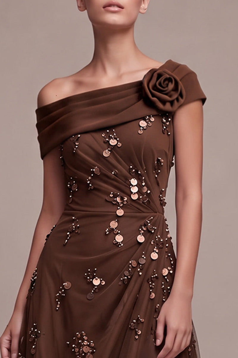 Laden Sie das Bild in den Galerie-Viewer, Kaffee A-Linien Asymmetrisches Einschulter Gerafftes High-Low Festkleid mit 3D-Blume