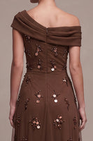 Laden Sie das Bild in den Galerie-Viewer, Kaffee A-Linien Asymmetrisches Einschulter Gerafftes High-Low Festkleid mit 3D-Blume