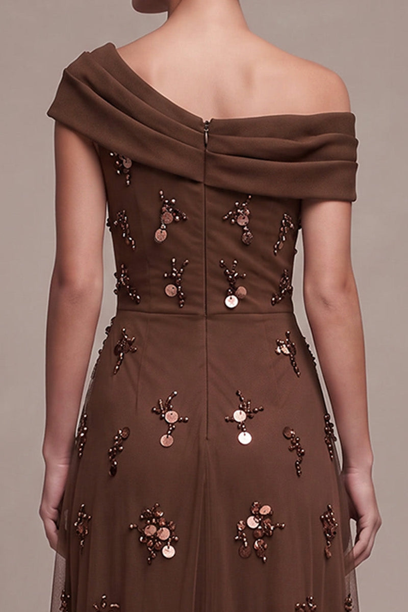 Laden Sie das Bild in den Galerie-Viewer, Kaffee A-Linien Asymmetrisches Einschulter Gerafftes High-Low Festkleid mit 3D-Blume