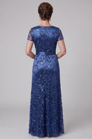 Laden Sie das Bild in den Galerie-Viewer, Königsblaue Scheide V-Ausschnitt Satin-Pailletten-Stickerei mit gerafftem langen Mutter-der-Braut-Kleid