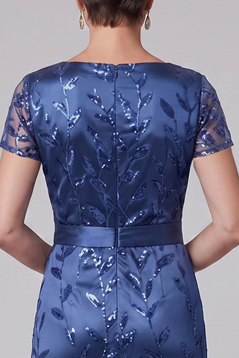 Laden Sie das Bild in den Galerie-Viewer, Königsblaue Scheide V-Ausschnitt Satin-Pailletten-Stickerei mit gerafftem langen Mutter-der-Braut-Kleid