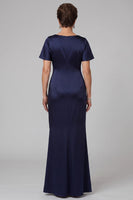 Laden Sie das Bild in den Galerie-Viewer, Marineblauer Mantelhals mit gerafftem langen Mutter-der-Braut-Kleid mit Strassstein