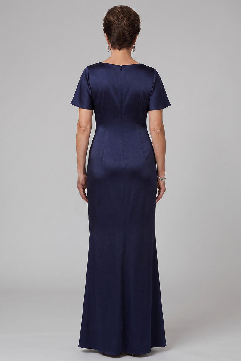 Laden Sie das Bild in den Galerie-Viewer, Marineblauer Mantelhals mit gerafftem langen Mutter-der-Braut-Kleid mit Strassstein