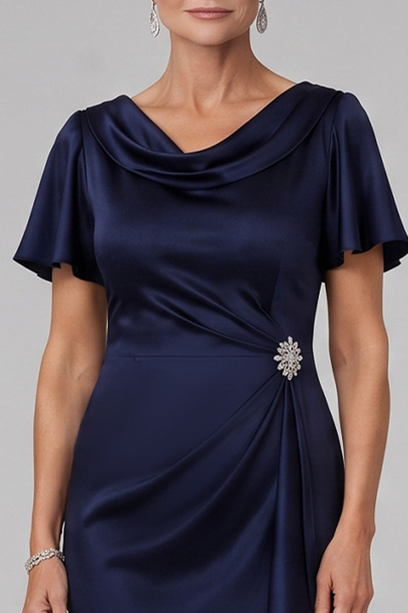 Laden Sie das Bild in den Galerie-Viewer, Marineblauer Mantelhals mit gerafftem langen Mutter-der-Braut-Kleid mit Strassstein