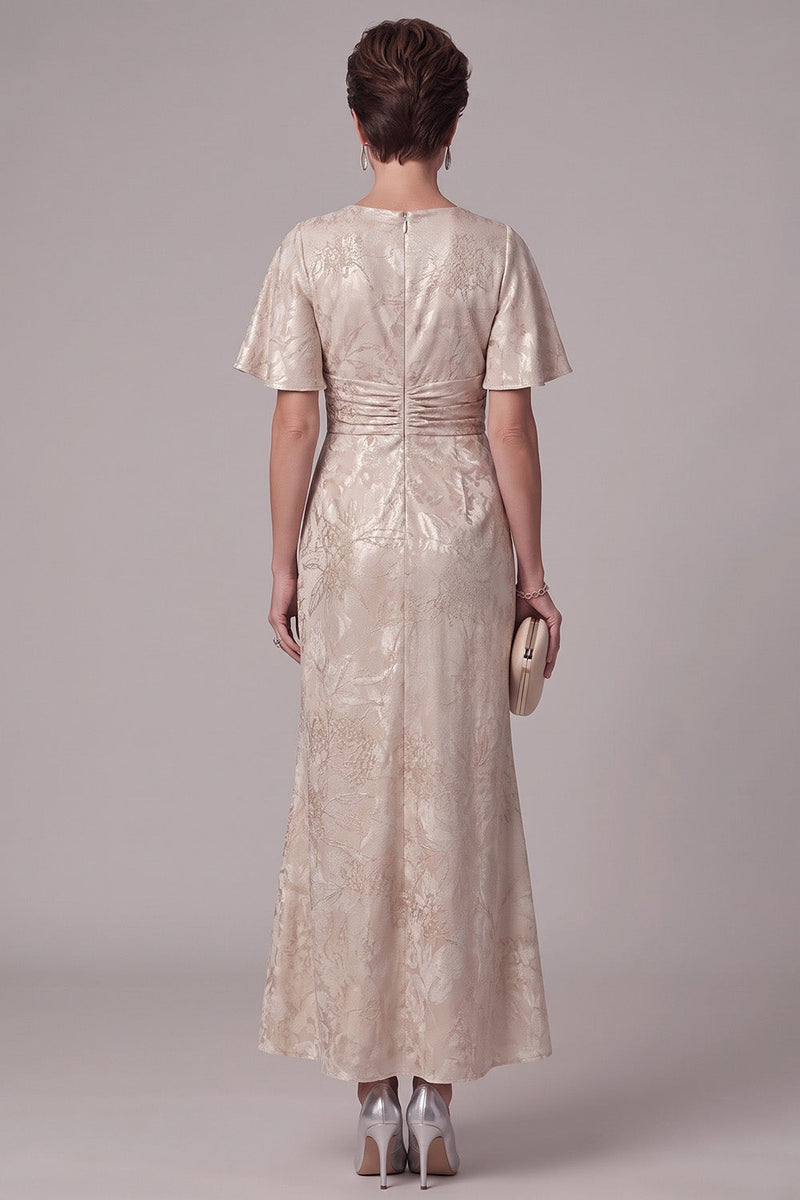 Laden Sie das Bild in den Galerie-Viewer, Champagner-Scheide Rundhals, geraffte Flügelärmel, Maxi-Mutter-der-Braut-Kleid mit Streißstein