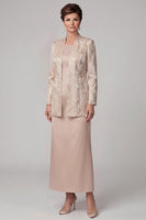 Laden Sie das Bild in den Galerie-Viewer, Champagner-Zweiteiliger Rundhals-Mantel Jacquard Langes Mutter-der-der-Braut-Kleid mit Jacke