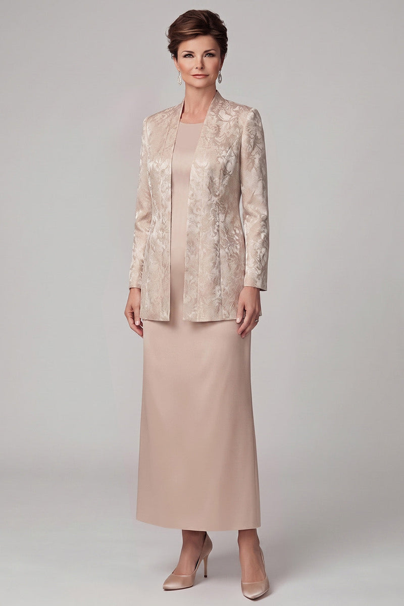 Laden Sie das Bild in den Galerie-Viewer, Champagner-Zweiteiliger Rundhals-Mantel Jacquard Langes Mutter-der-der-Braut-Kleid mit Jacke