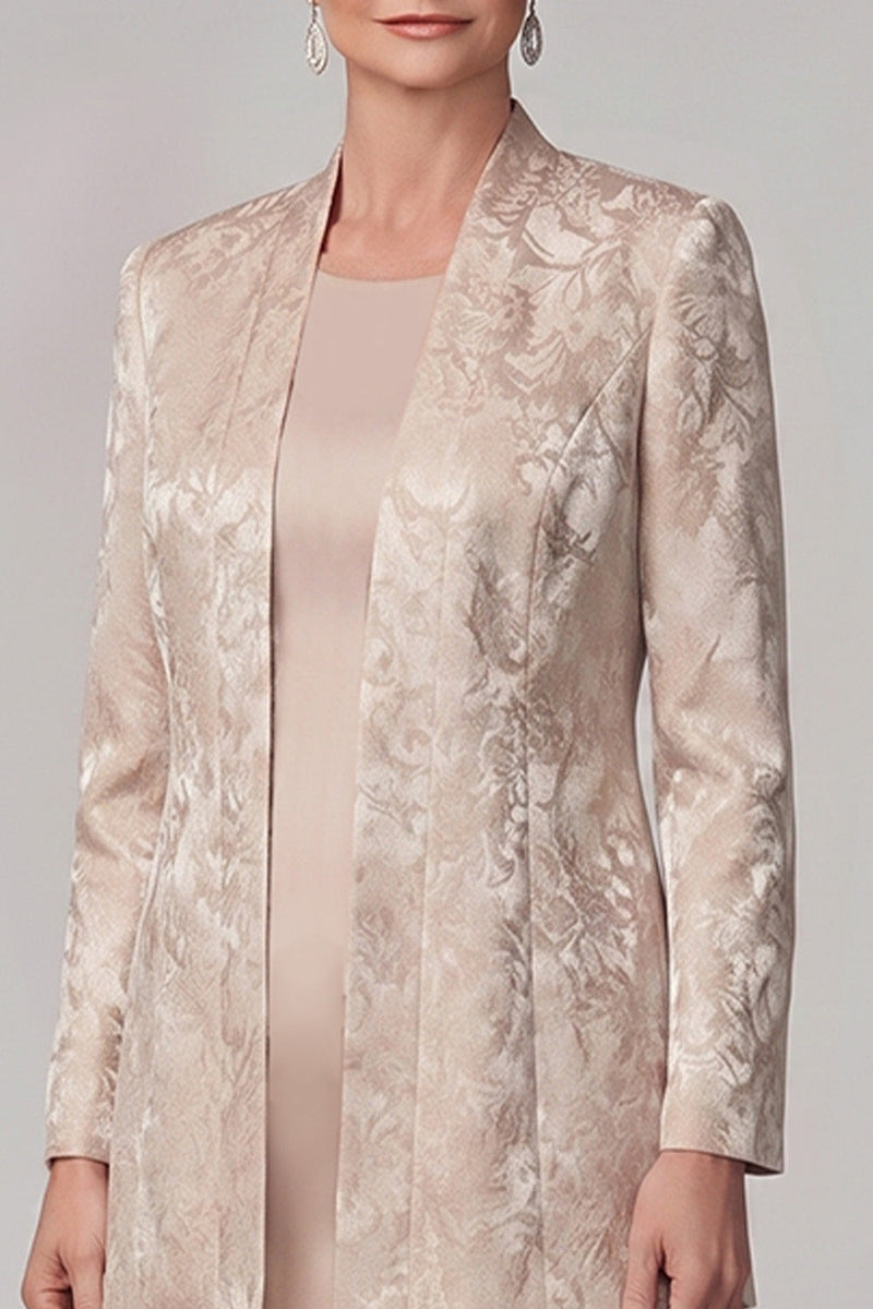 Laden Sie das Bild in den Galerie-Viewer, Champagner-Zweiteiliger Rundhals-Mantel Jacquard Langes Mutter-der-der-Braut-Kleid mit Jacke