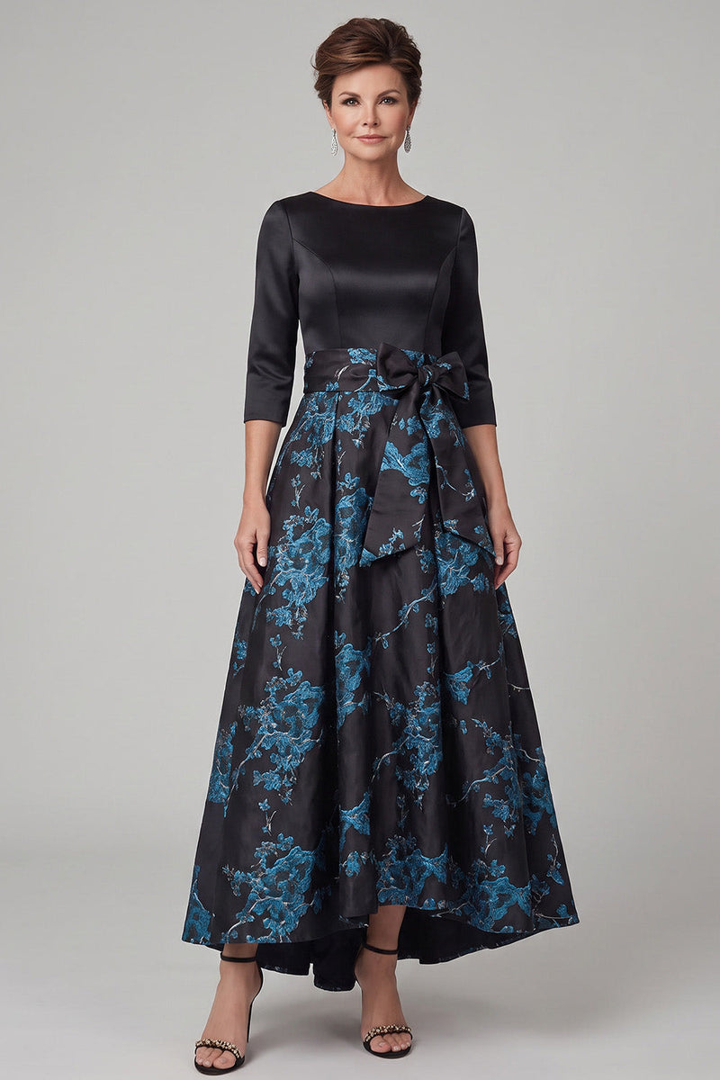 Laden Sie das Bild in den Galerie-Viewer, Schwarzer A-Linien-Bootsausschnitt mit 3/4 Ärmeln Maxi-Mutter-der-Braut-Kleid mit Schleife