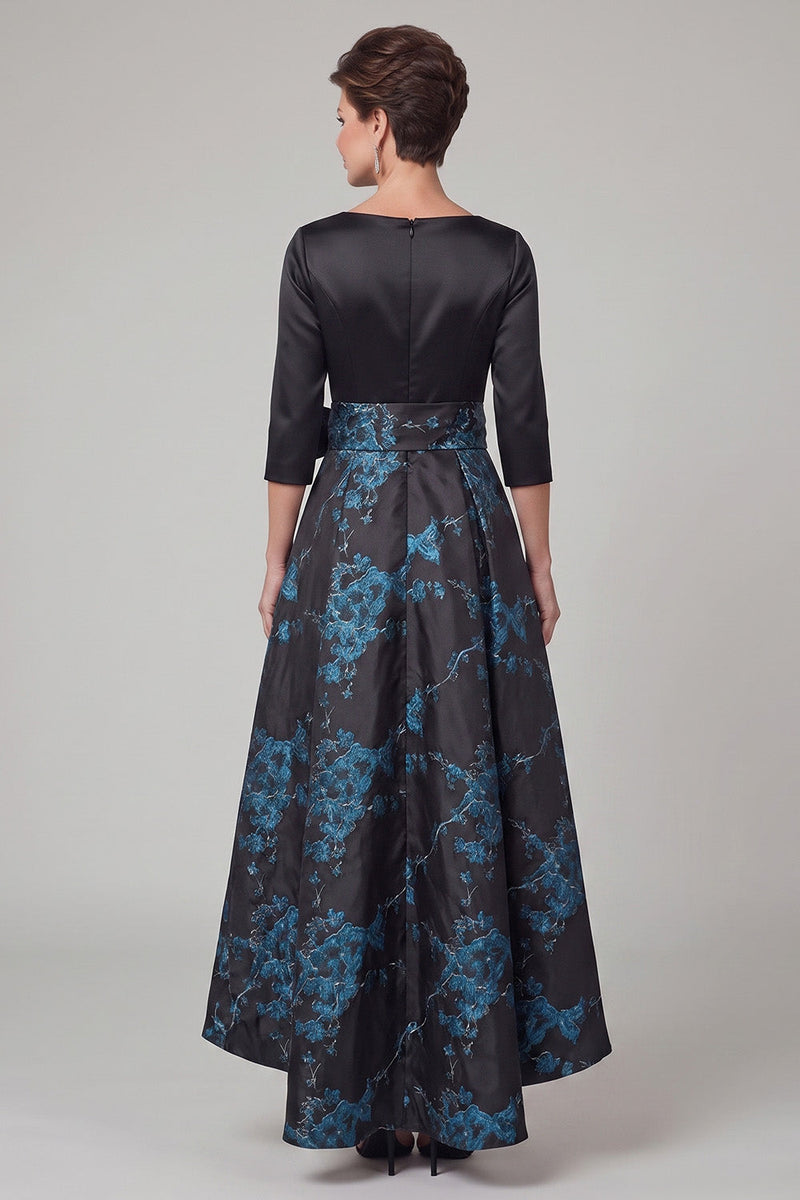 Laden Sie das Bild in den Galerie-Viewer, Schwarzer A-Linien-Bootsausschnitt mit 3/4 Ärmeln Maxi-Mutter-der-Braut-Kleid mit Schleife