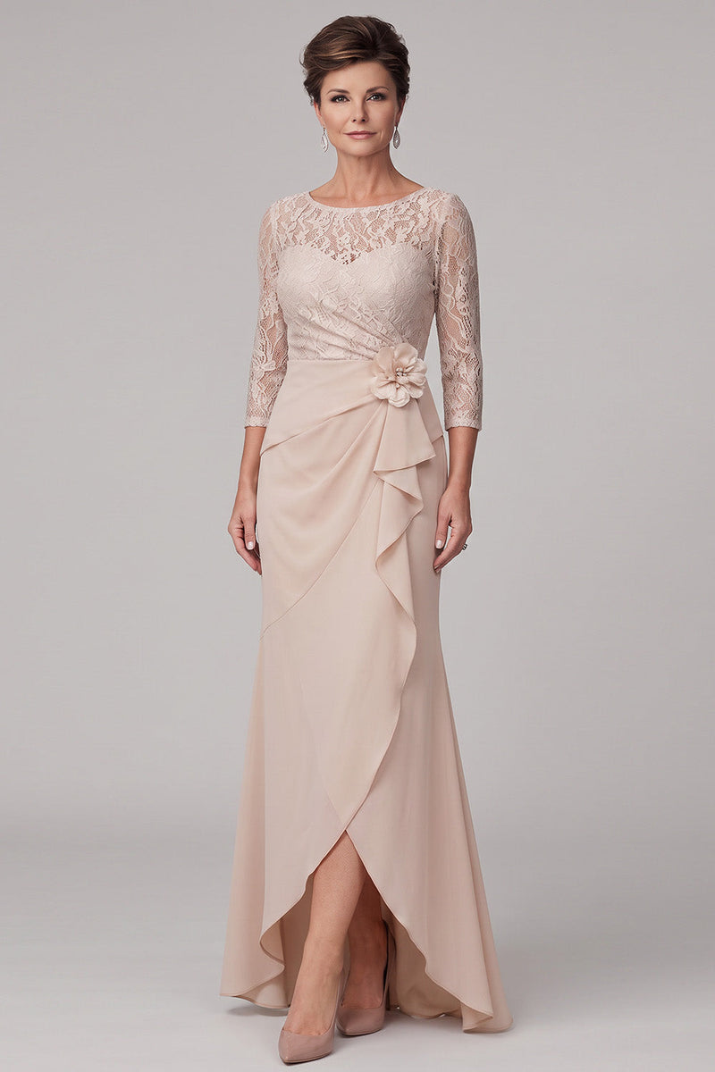 Laden Sie das Bild in den Galerie-Viewer, Champagnerscheide Rundhals 3/4 Spitzenärmel, hoch niedriges Chiffon Maxi Mutter-der-Braut-Kleid