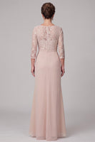 Laden Sie das Bild in den Galerie-Viewer, Champagnerscheide Rundhals 3/4 Spitzenärmel, hoch niedriges Chiffon Maxi Mutter-der-Braut-Kleid
