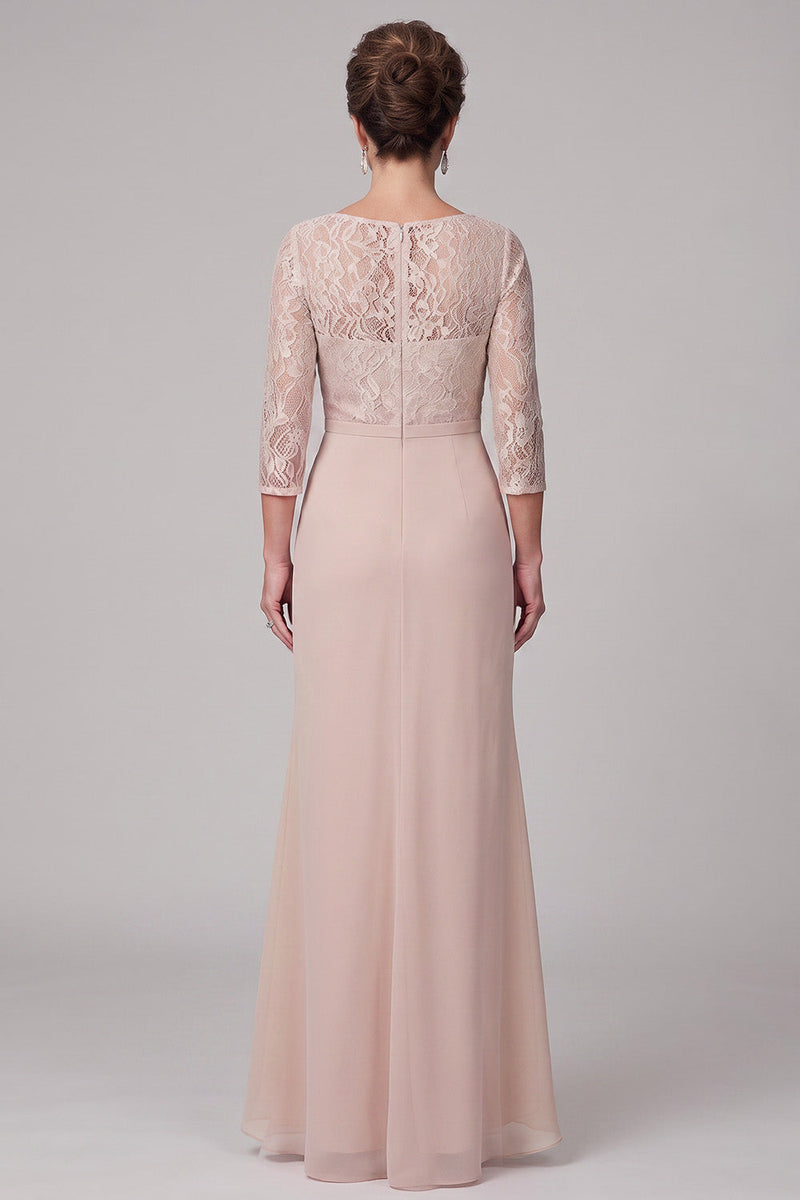 Laden Sie das Bild in den Galerie-Viewer, Champagnerscheide Rundhals 3/4 Spitzenärmel, hoch niedriges Chiffon Maxi Mutter-der-Braut-Kleid