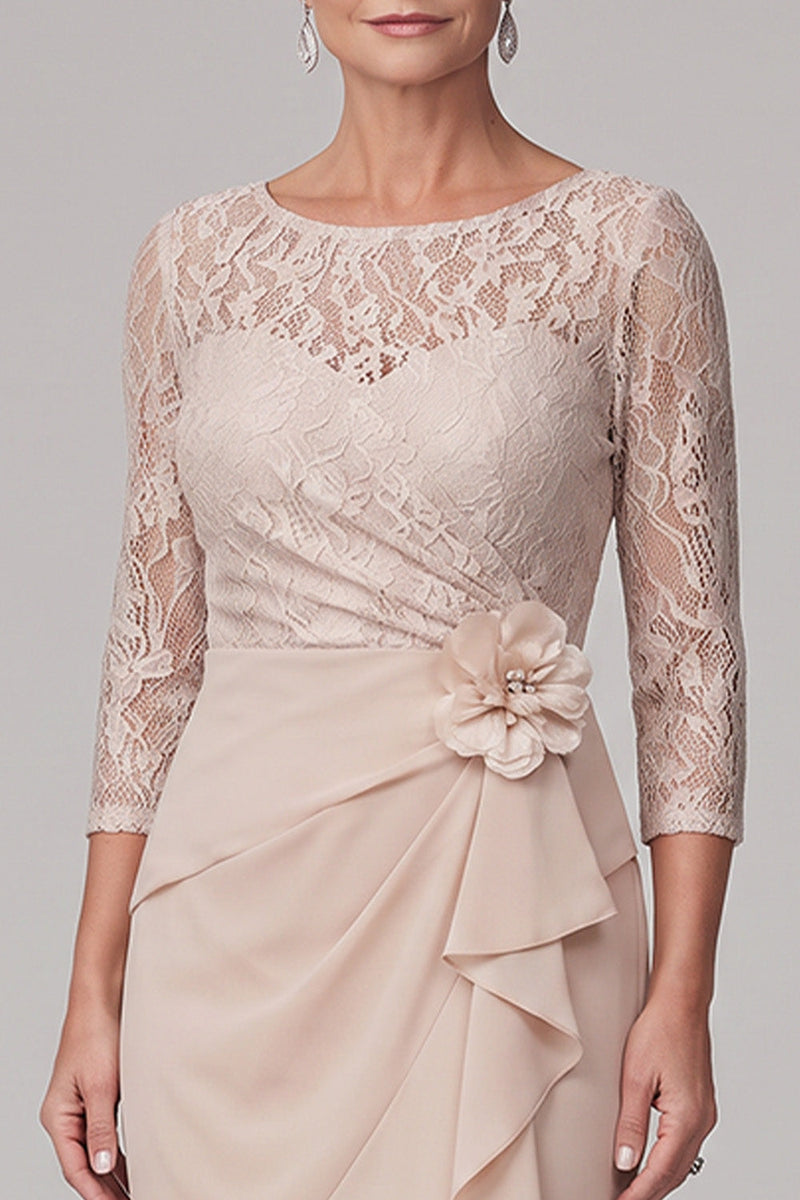 Laden Sie das Bild in den Galerie-Viewer, Champagnerscheide Rundhals 3/4 Spitzenärmel, hoch niedriges Chiffon Maxi Mutter-der-Braut-Kleid
