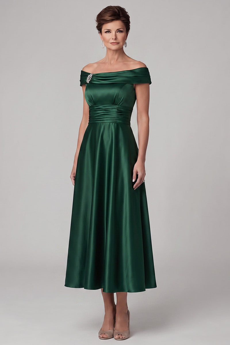 Laden Sie das Bild in den Galerie-Viewer, Dunkelgrüne A-Linie abseits der Schulter gerafftes Satin-Mutter-der-Braut-Kleid mit Strassstein