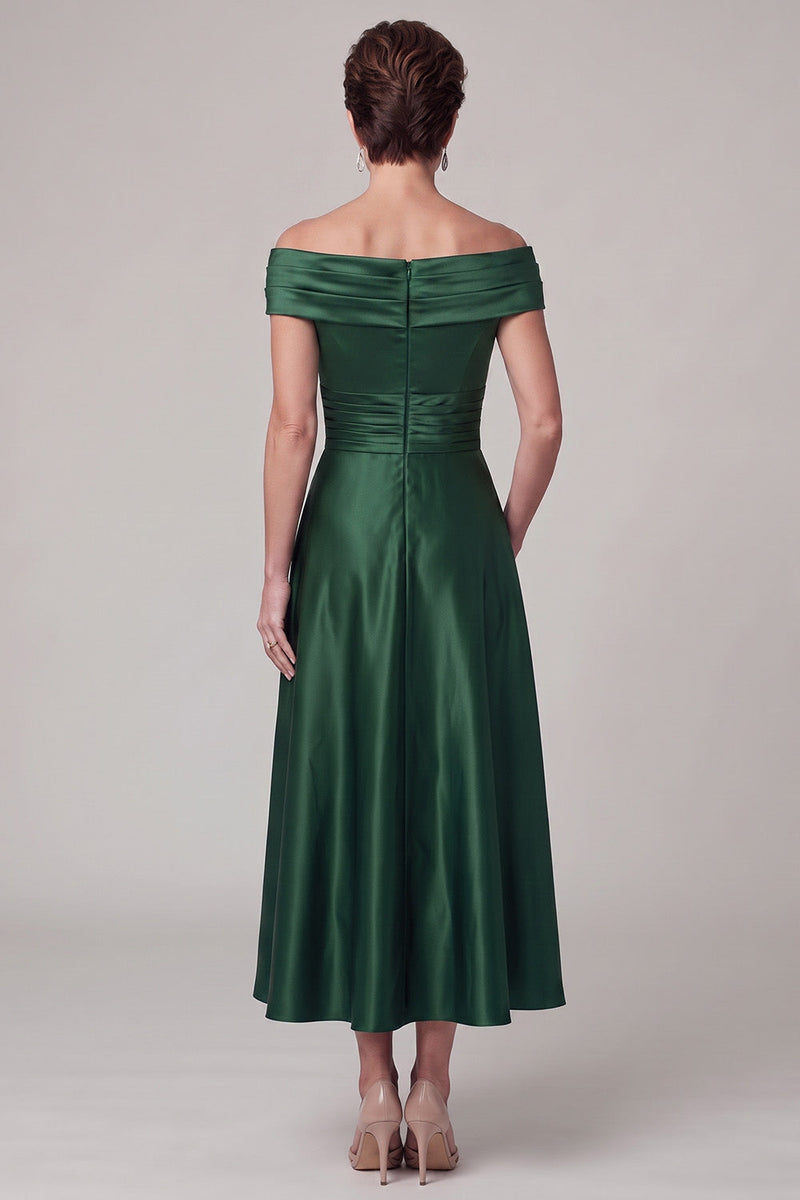 Laden Sie das Bild in den Galerie-Viewer, Dunkelgrüne A-Linie abseits der Schulter gerafftes Satin-Mutter-der-Braut-Kleid mit Strassstein