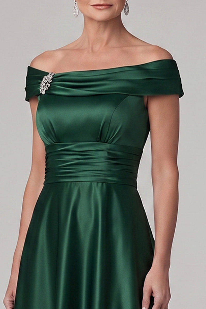 Laden Sie das Bild in den Galerie-Viewer, Dunkelgrüne A-Linie abseits der Schulter gerafftes Satin-Mutter-der-Braut-Kleid mit Strassstein