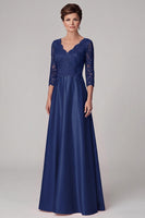 Laden Sie das Bild in den Galerie-Viewer, Marineblauer A-Linien V-Ausschnitt mit 3/4 Ärmeln, Satin Lange Mutter der Braut Kleid mit Spitze