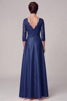 Laden Sie das Bild in den Galerie-Viewer, Marineblauer A-Linien V-Ausschnitt mit 3/4 Ärmeln, Satin Lange Mutter der Braut Kleid mit Spitze