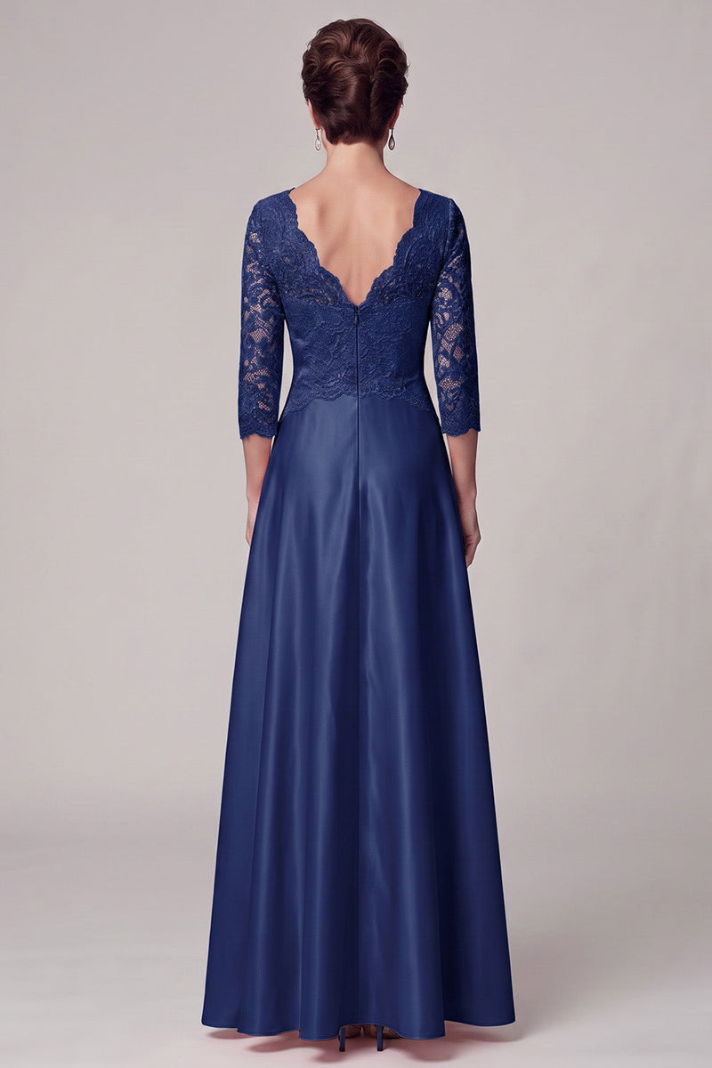 Laden Sie das Bild in den Galerie-Viewer, Marineblauer A-Linien V-Ausschnitt mit 3/4 Ärmeln, Satin Lange Mutter der Braut Kleid mit Spitze