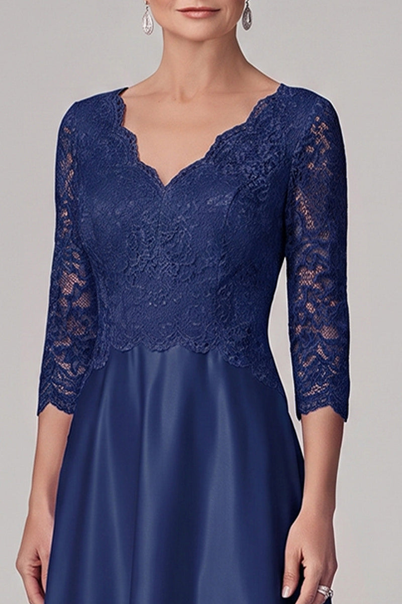 Laden Sie das Bild in den Galerie-Viewer, Marineblauer A-Linien V-Ausschnitt mit 3/4 Ärmeln, Satin Lange Mutter der Braut Kleid mit Spitze