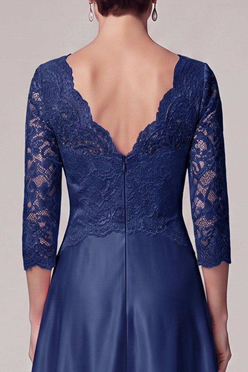 Laden Sie das Bild in den Galerie-Viewer, Marineblauer A-Linien V-Ausschnitt mit 3/4 Ärmeln, Satin Lange Mutter der Braut Kleid mit Spitze