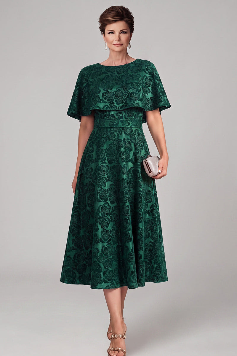 Laden Sie das Bild in den Galerie-Viewer, Dunkelgrünes A-Linien-Rundhals-Print-Midi-Mutter-der-Braut-Kleid mit Umhang