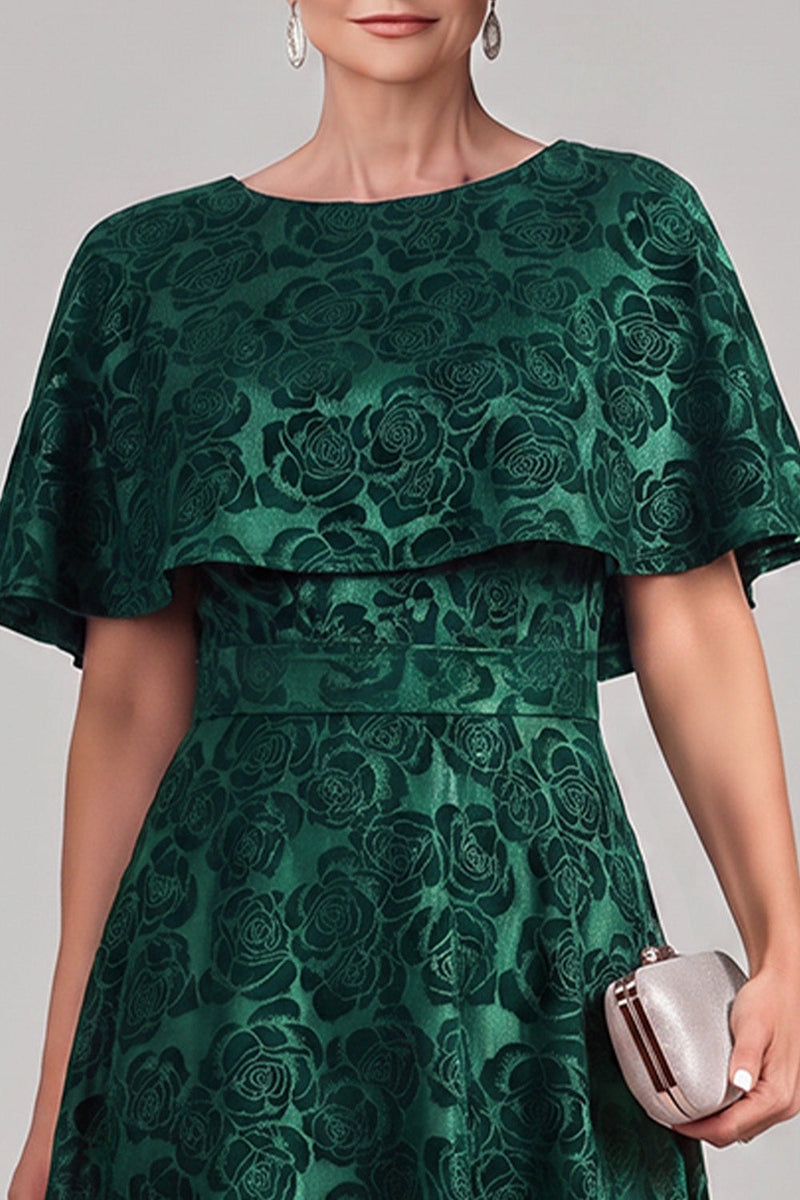 Laden Sie das Bild in den Galerie-Viewer, Dunkelgrünes A-Linien-Rundhals-Print-Midi-Mutter-der-Braut-Kleid mit Umhang