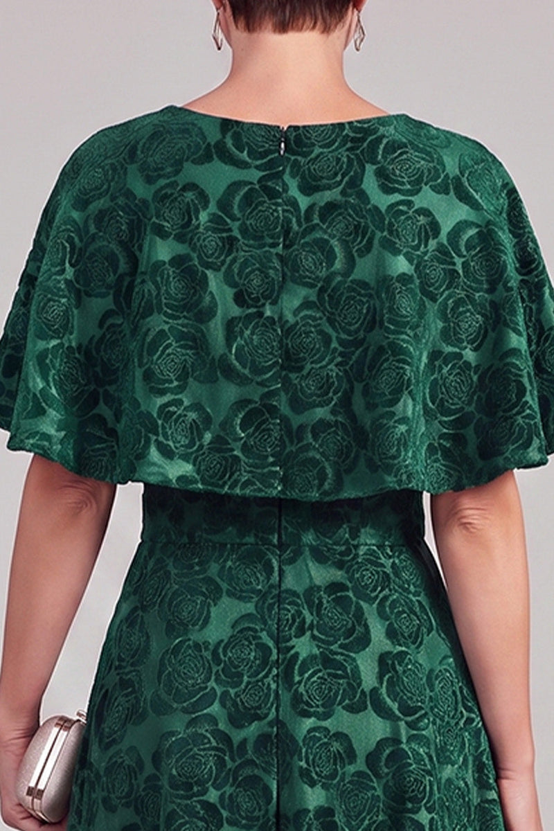 Laden Sie das Bild in den Galerie-Viewer, Dunkelgrünes A-Linien-Rundhals-Print-Midi-Mutter-der-Braut-Kleid mit Umhang