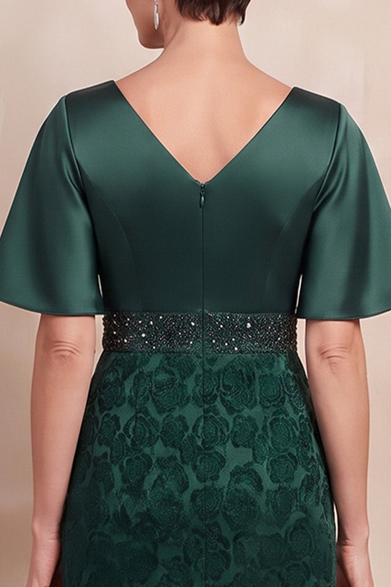 Laden Sie das Bild in den Galerie-Viewer, Dunkelgrüner V-Ausschnitt mit aussteigenden Ärmeln und Midi-Mutter-der-Braut-Kleid mit Perlen