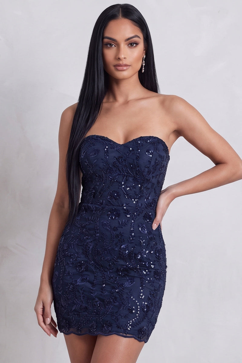 Laden Sie das Bild in den Galerie-Viewer, Marineblaues Pailletten Bodycon Trägerloses Florale Stickerei Kurzes Cocktailkleid