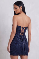 Laden Sie das Bild in den Galerie-Viewer, Marineblaues Pailletten Bodycon Trägerloses Florale Stickerei Kurzes Cocktailkleid