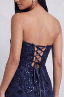 Laden Sie das Bild in den Galerie-Viewer, Marineblaues Pailletten Bodycon Trägerloses Florale Stickerei Kurzes Cocktailkleid