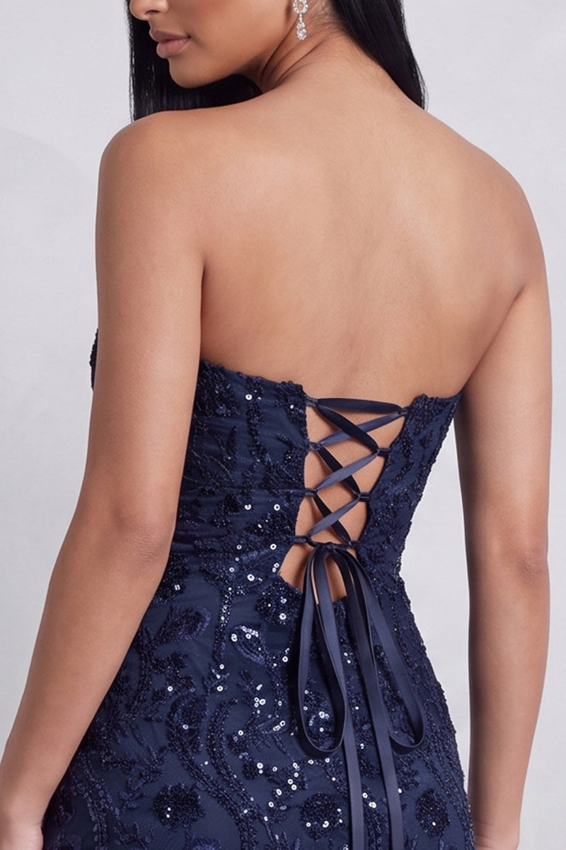 Laden Sie das Bild in den Galerie-Viewer, Marineblaues Pailletten Bodycon Trägerloses Florale Stickerei Kurzes Cocktailkleid
