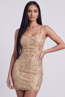 Laden Sie das Bild in den Galerie-Viewer, Golden Bodycon Quadrathals Pailletten Kurzes Cocktailkleid