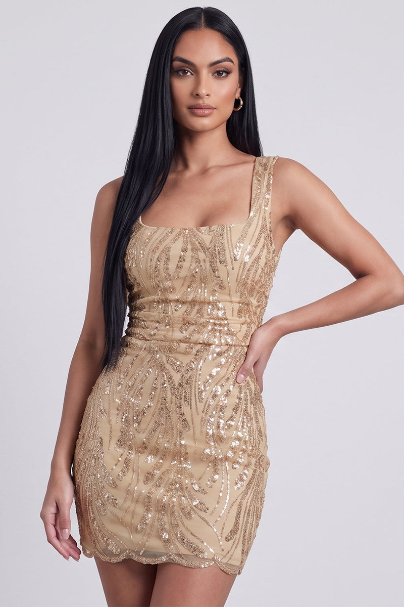 Laden Sie das Bild in den Galerie-Viewer, Golden Bodycon Quadrathals Pailletten Kurzes Cocktailkleid