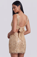 Laden Sie das Bild in den Galerie-Viewer, Golden Bodycon Quadrathals Pailletten Kurzes Cocktailkleid