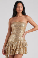 Laden Sie das Bild in den Galerie-Viewer, Goldenes Trägerloses Bodycon Gestuftes Rüschende Pailletten Kurzes Cocktailkleid
