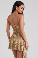 Laden Sie das Bild in den Galerie-Viewer, Goldenes Trägerloses Bodycon Gestuftes Rüschende Pailletten Kurzes Cocktailkleid