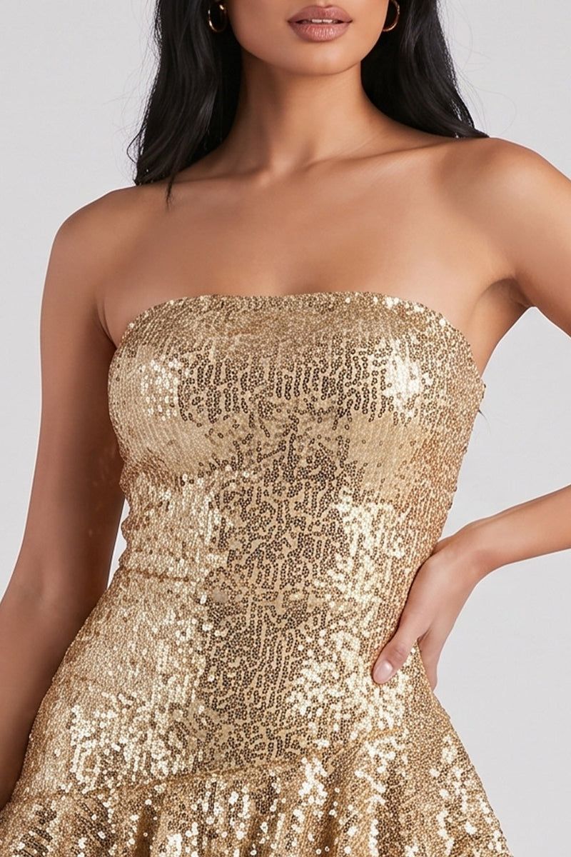 Laden Sie das Bild in den Galerie-Viewer, Goldenes Trägerloses Bodycon Gestuftes Rüschende Pailletten Kurzes Cocktailkleid