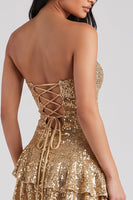 Laden Sie das Bild in den Galerie-Viewer, Goldenes Trägerloses Bodycon Gestuftes Rüschende Pailletten Kurzes Cocktailkleid