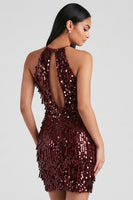 Laden Sie das Bild in den Galerie-Viewer, Burgunderrotes Pailletten Bodycon Halter Kurzes Cocktailkleid mit Fransen