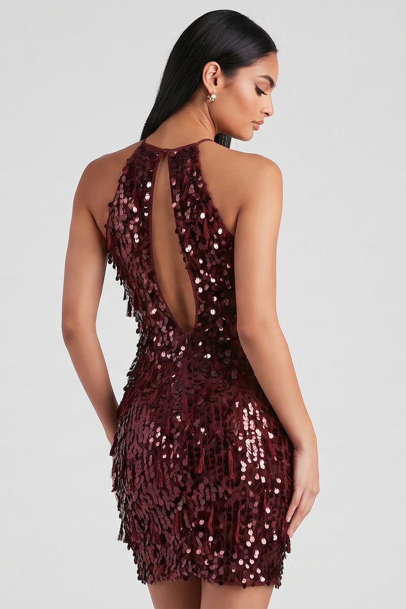 Laden Sie das Bild in den Galerie-Viewer, Burgunderrotes Pailletten Bodycon Halter Kurzes Cocktailkleid mit Fransen