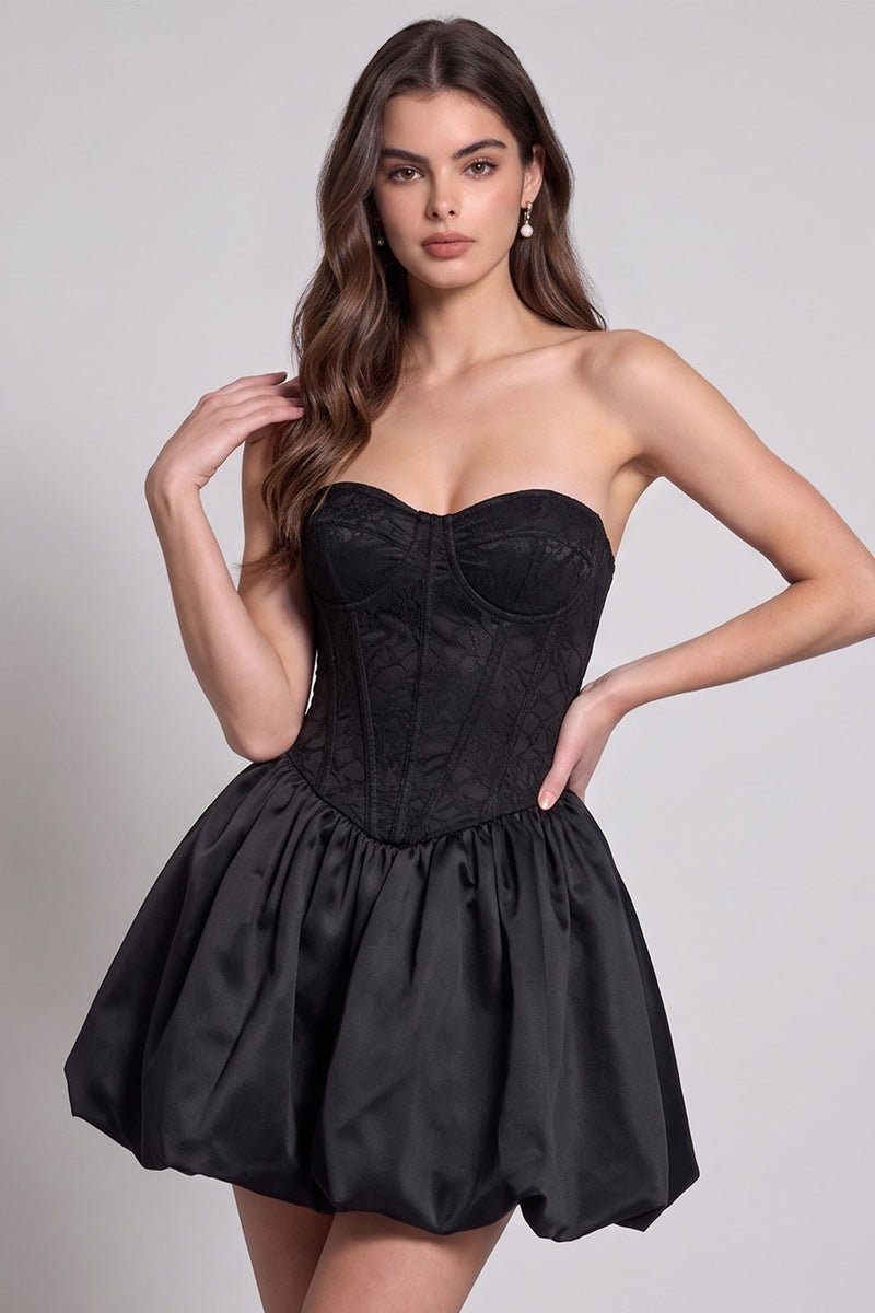 Laden Sie das Bild in den Galerie-Viewer, Schwarzes Korsett Trägerloses Bubble-Hem Kurzes Cocktailkleid mit Spitze