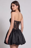 Laden Sie das Bild in den Galerie-Viewer, Schwarzes Korsett Trägerloses Bubble-Hem Kurzes Cocktailkleid mit Spitze